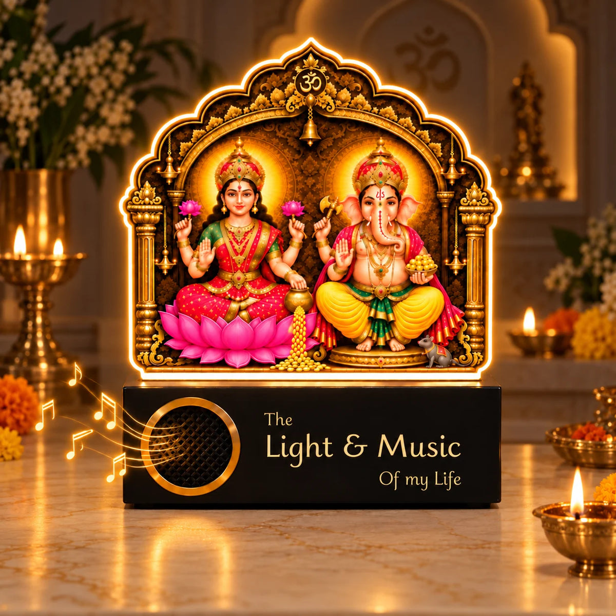 Diwali Gift Lakshmi Ganesh LED Lamp | 5 mm Acrylic Pooja Room Frame with Wooden Base