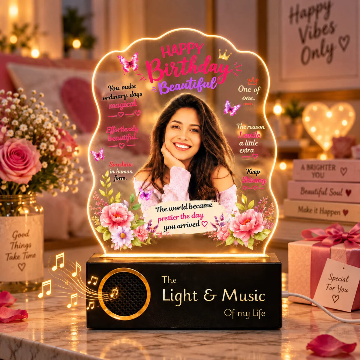 Birthday Gift for Girlfriend – Personalised Photo LED Lamp with Wooden Base