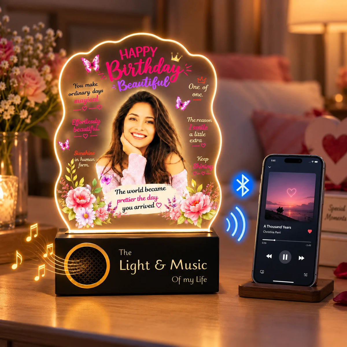 Birthday Gift for Girlfriend – Personalised Photo LED Lamp with Wooden Base