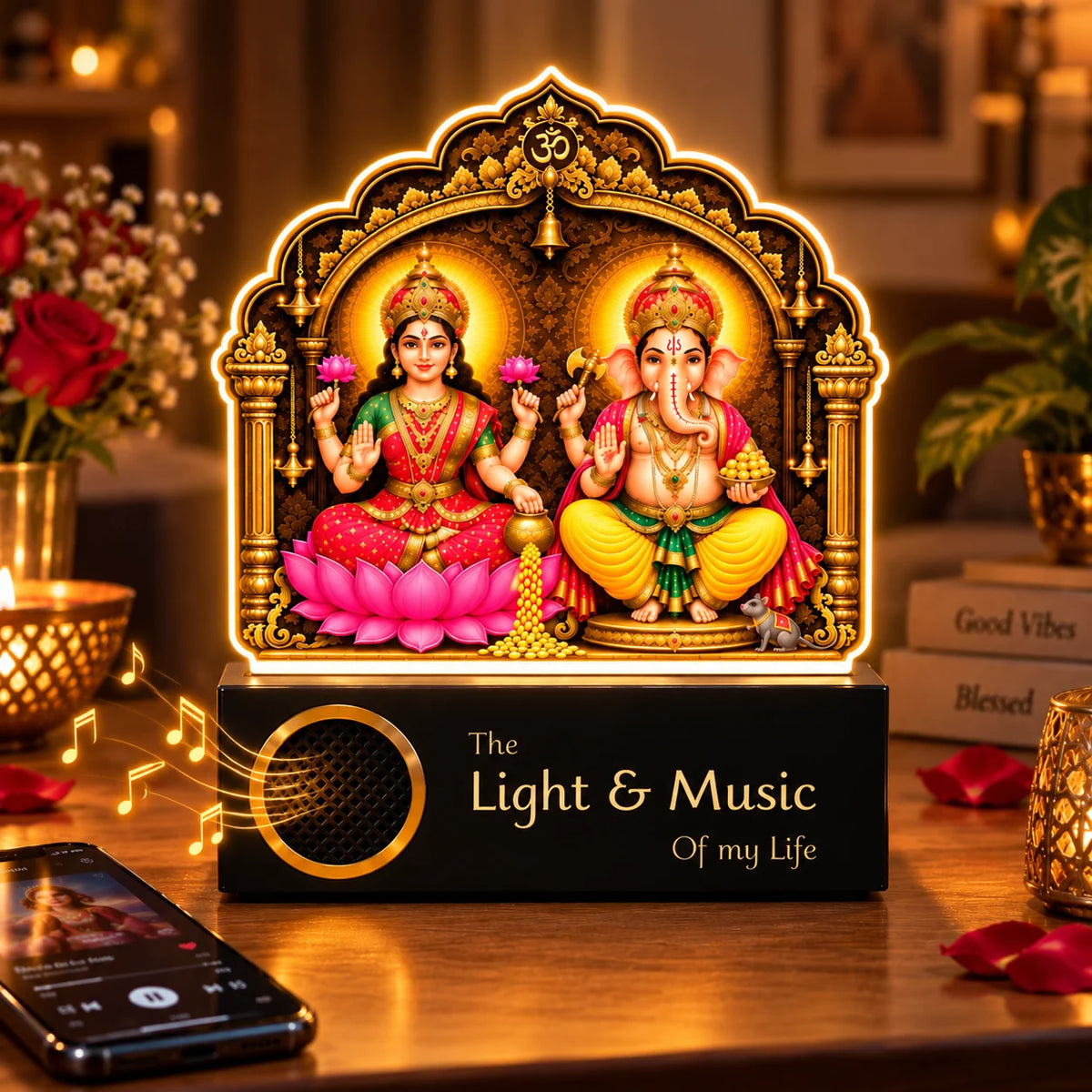 Diwali Gift Lakshmi Ganesh LED Lamp | 5 mm Acrylic Pooja Room Frame with Wooden Base