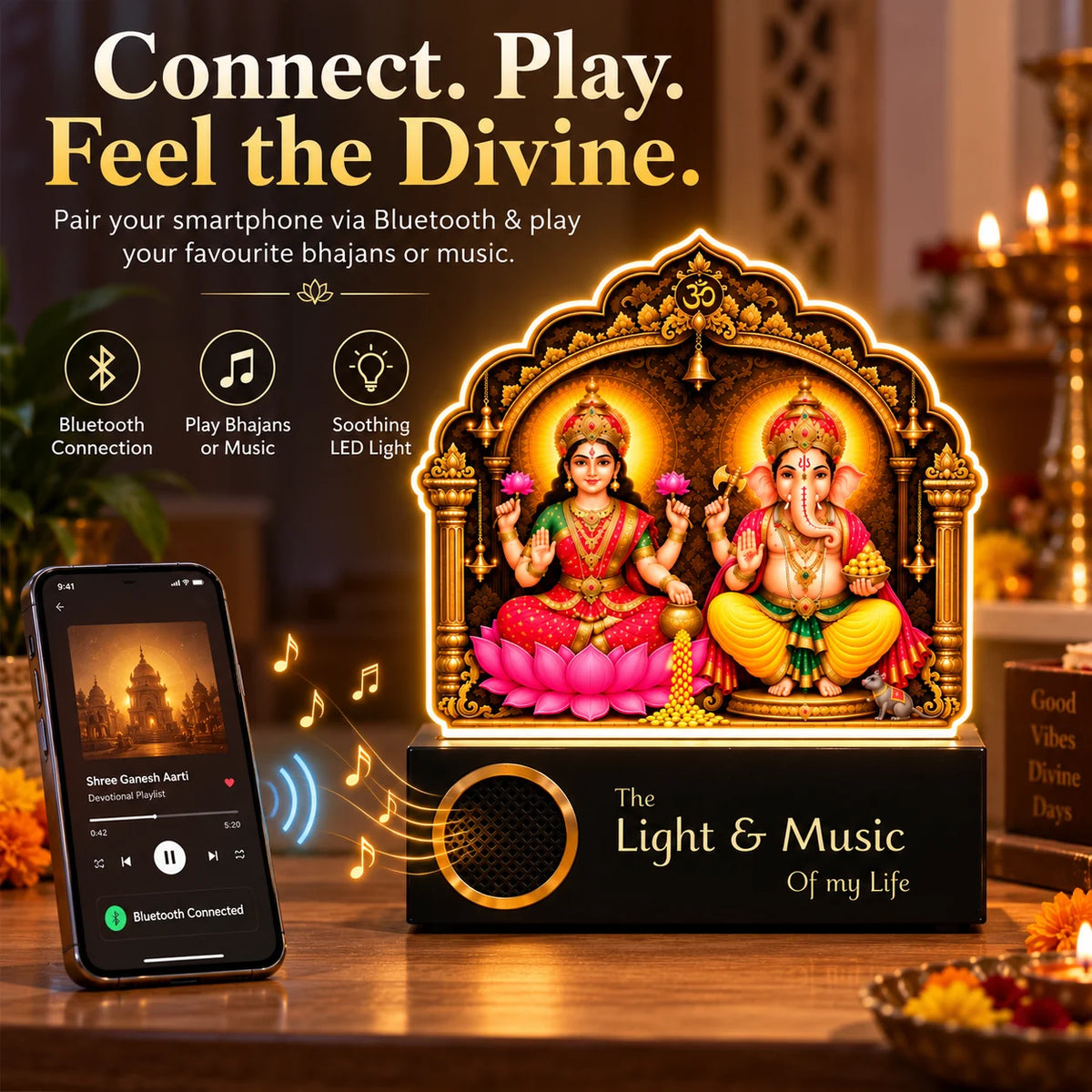 Diwali Gift Lakshmi Ganesh LED Lamp | 5 mm Acrylic Pooja Room Frame with Wooden Base