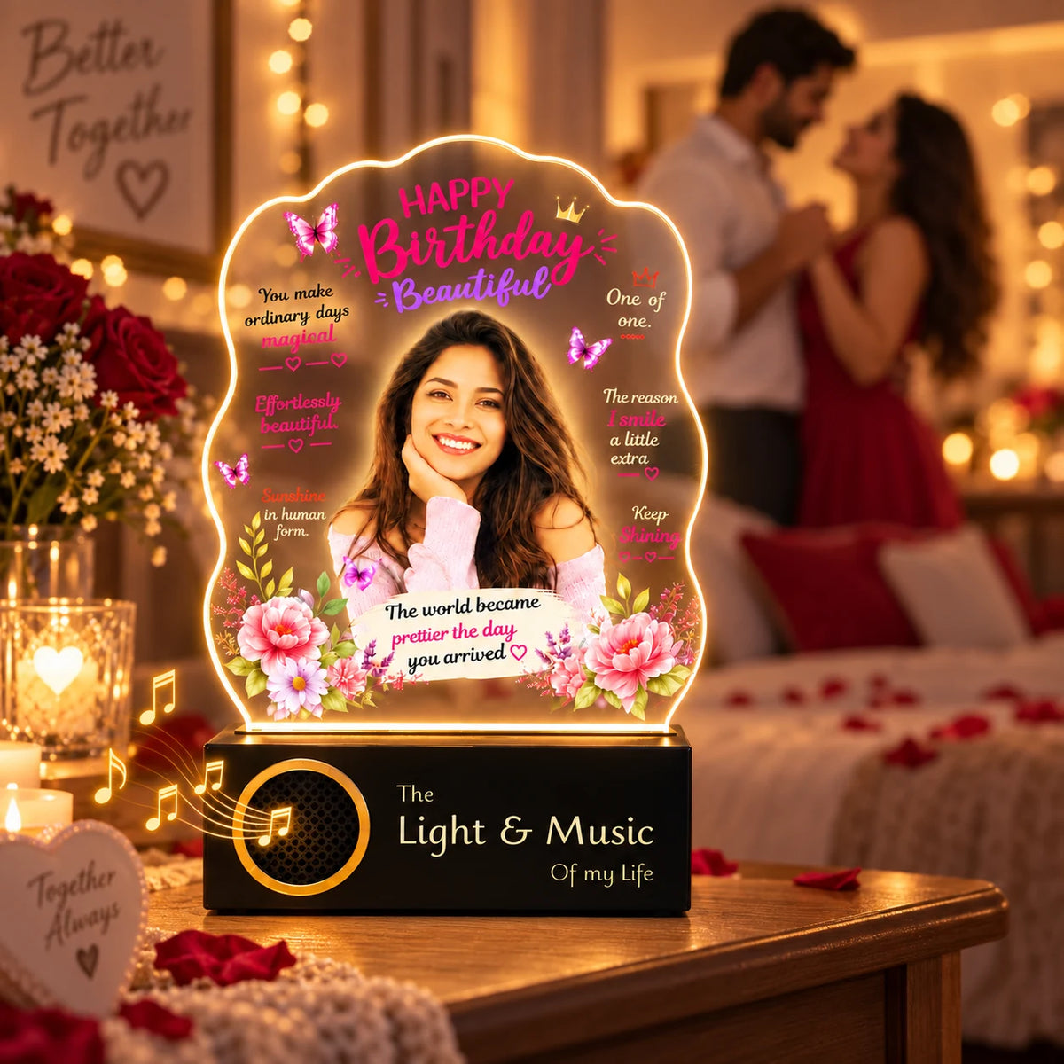 Birthday Gift for Girlfriend – Personalised Photo LED Lamp with Wooden Base