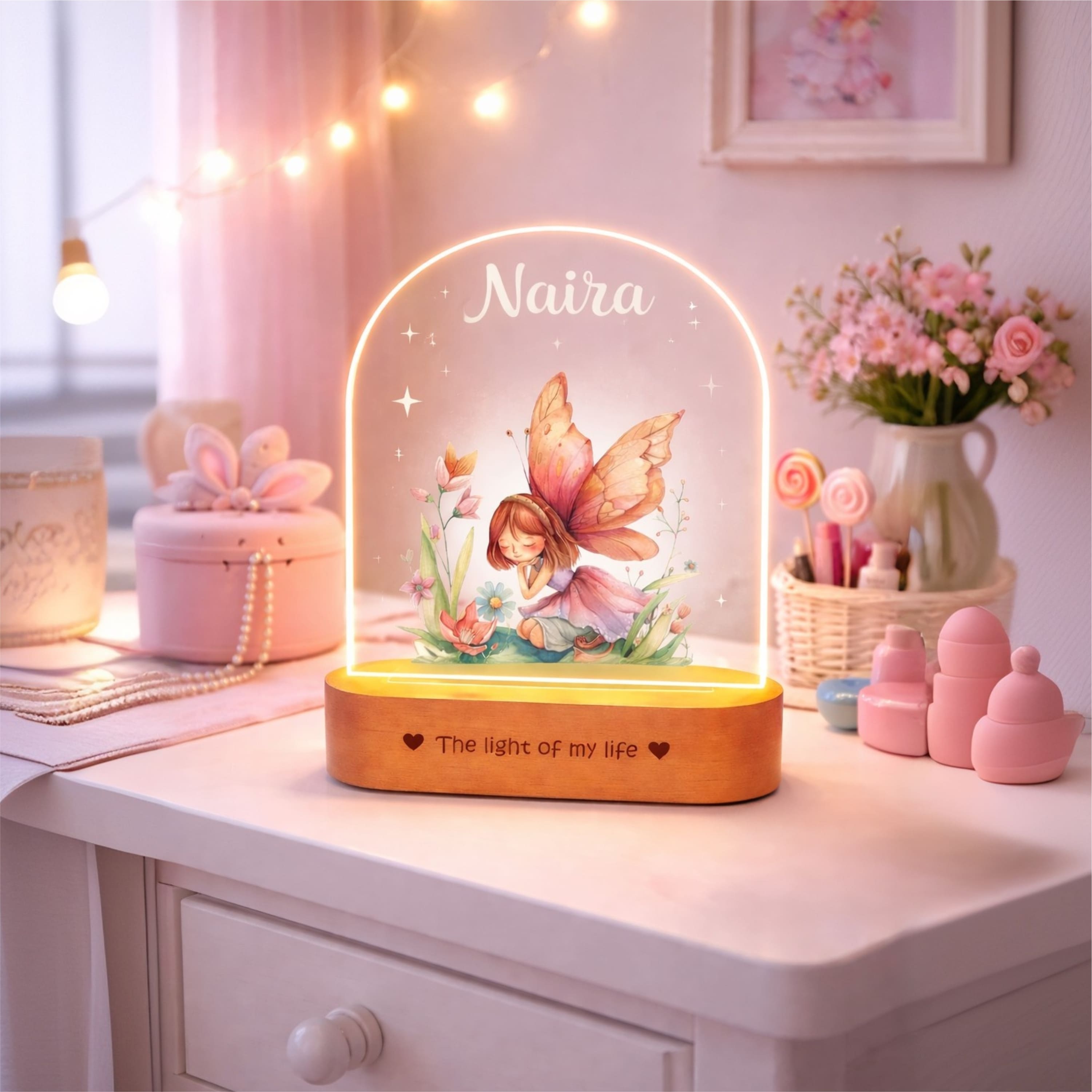 Personalized Name Night Lamp for Daughter | Custom Fairy LED Lamp | Birthday Gift for Daughter | Baby Girl Room Decor | 8x6x2 Inch Acrylic Lamp with Wooden Base