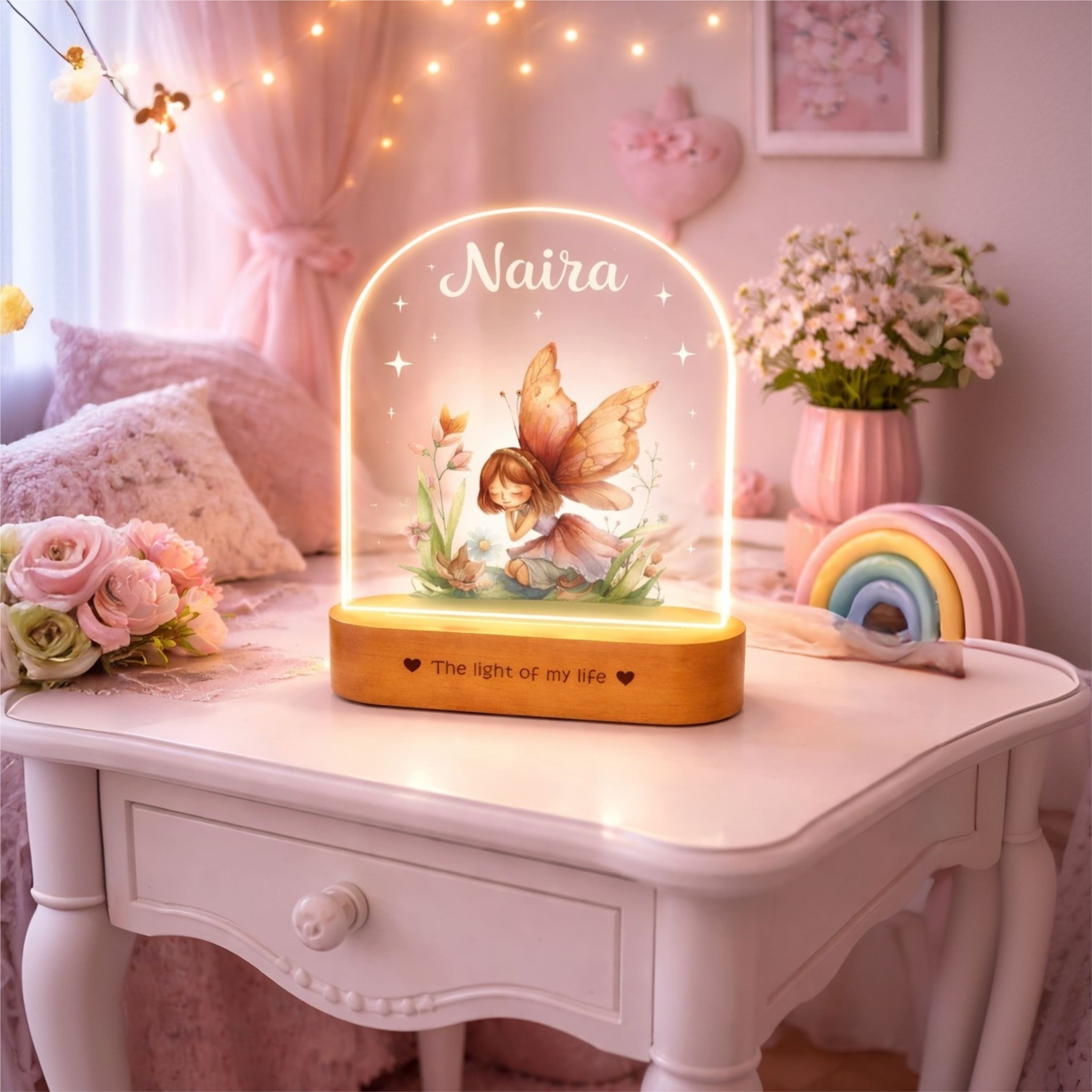 Personalized Name Night Lamp for Daughter | Custom Fairy LED Lamp | Birthday Gift for Daughter | Baby Girl Room Decor | 8x6x2 Inch Acrylic Lamp with Wooden Base