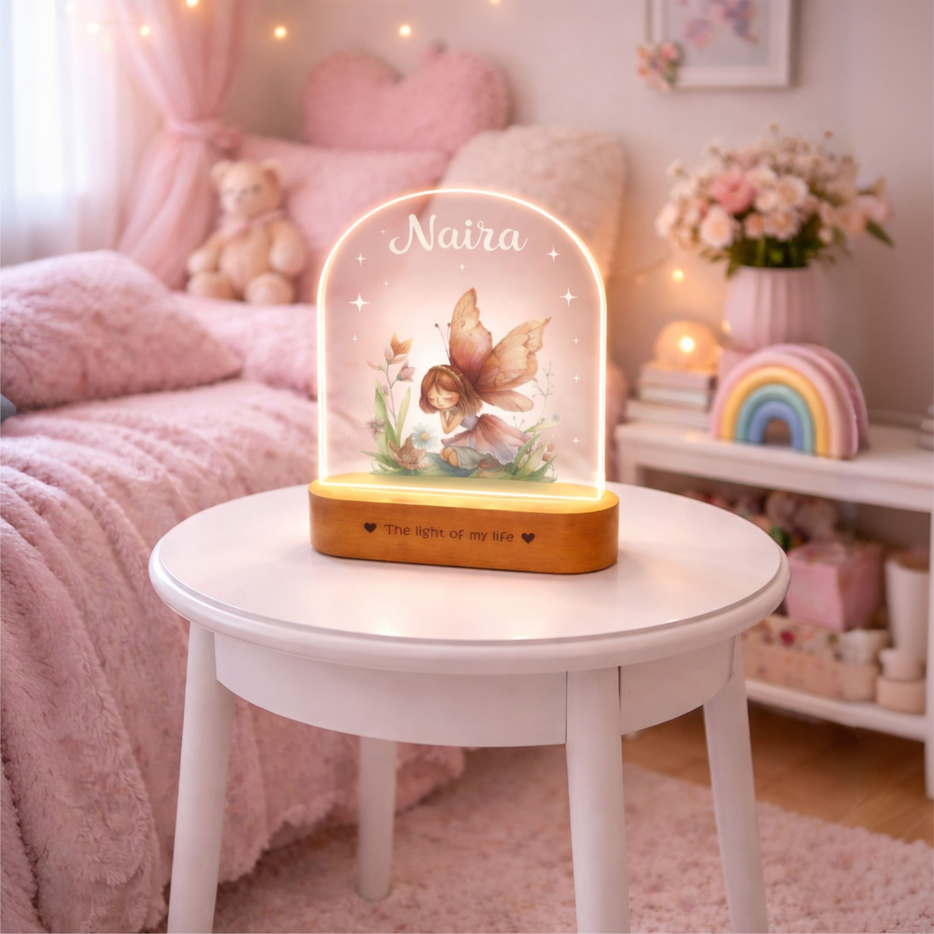 Personalized Name Night Lamp for Daughter | Custom Fairy LED Lamp | Birthday Gift for Daughter | Baby Girl Room Decor | 8x6x2 Inch Acrylic Lamp with Wooden Base