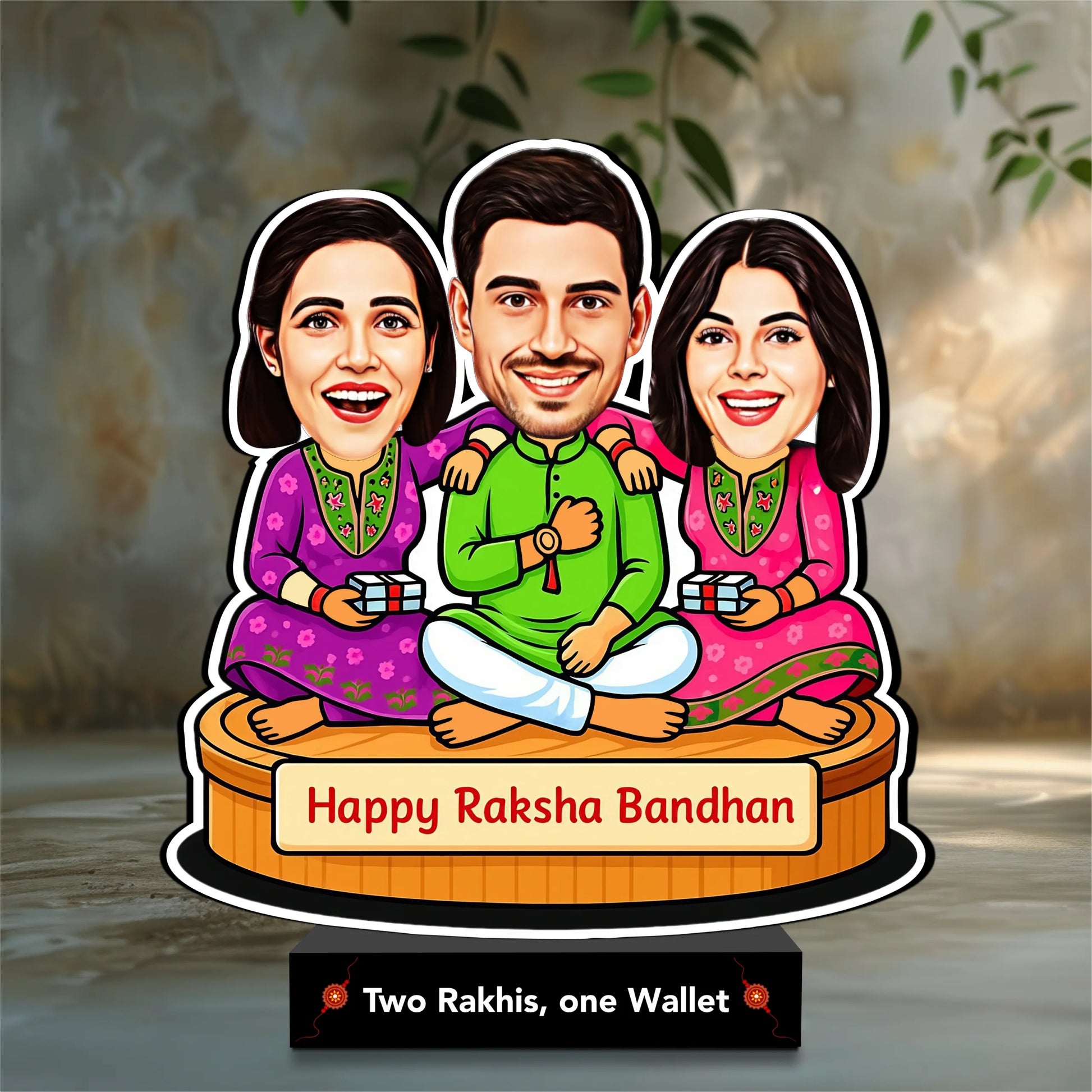 Two Rakhis, One Wallet – Rakhi Gift for Brother from Two Sisters India | Personalized Caricature Standee (7x6")