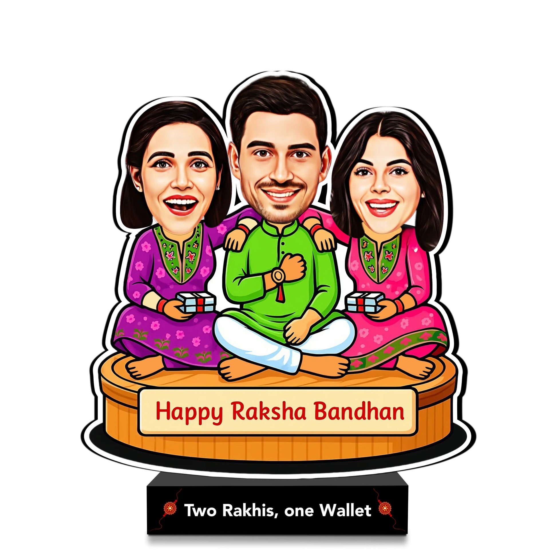 Two Rakhis, One Wallet – Rakhi Gift for Brother from Two Sisters India | Personalized Caricature Standee (7x6")