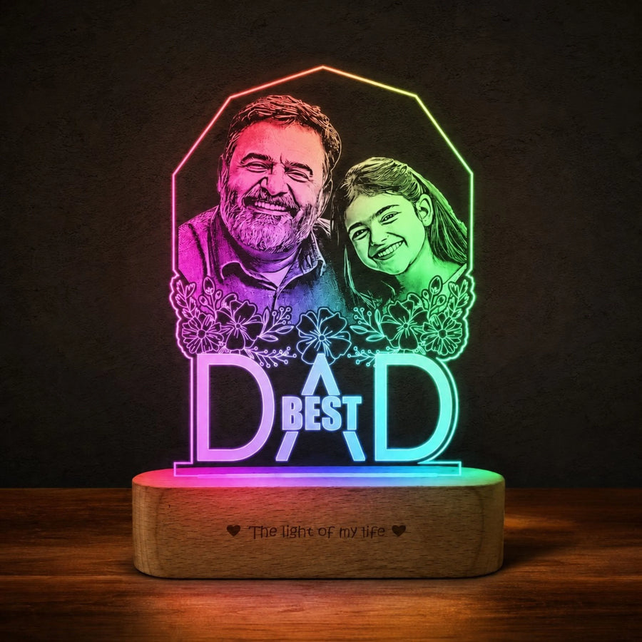 Best Father’s Day Gift – Custom Engraved Acrylic Lamp with Photo & "Best Dad" Quote | Warm Wooden Base