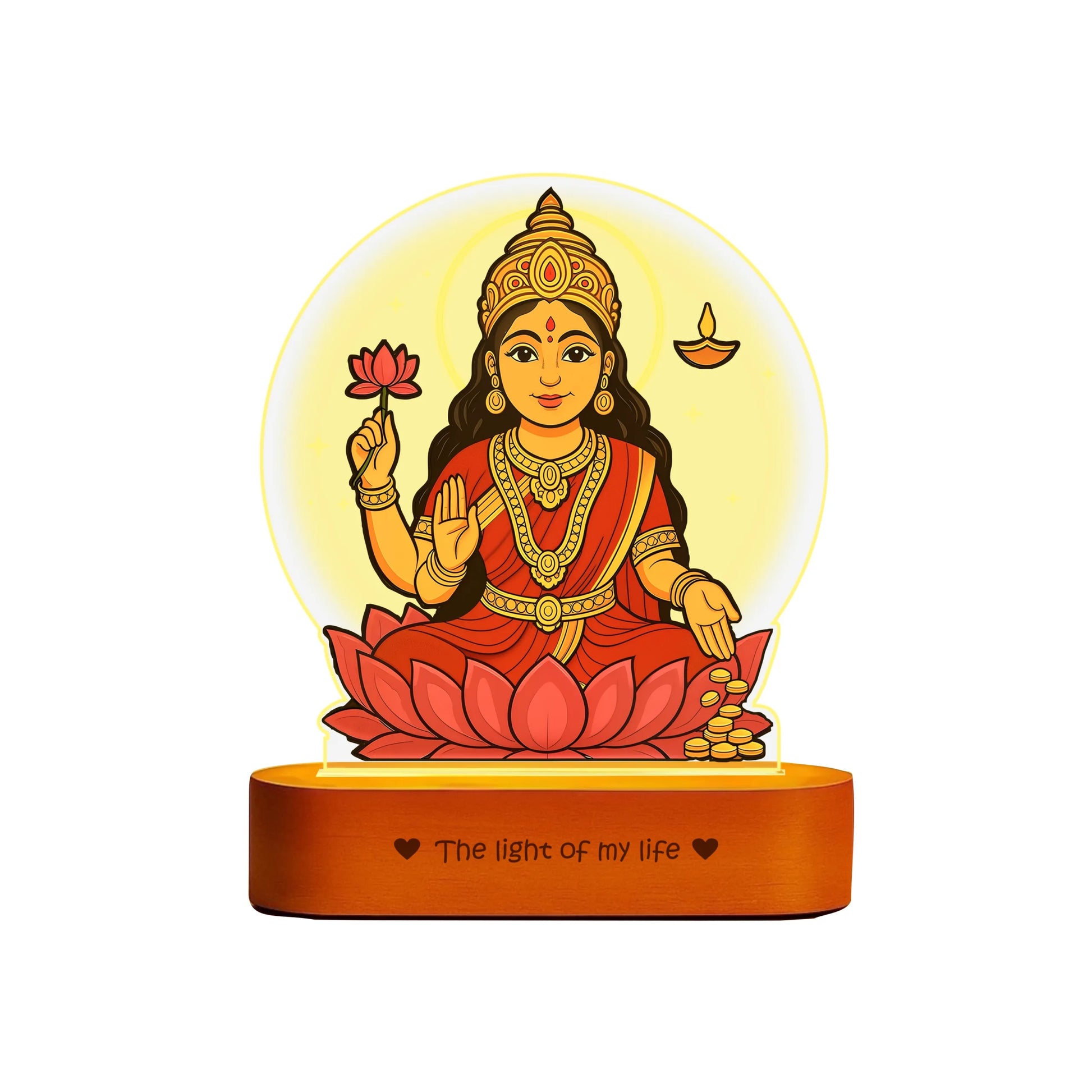 Lakshmi LED Lamp | Divine Acrylic Night Light with Wooden Base for Diwali & Prosperity Gifting