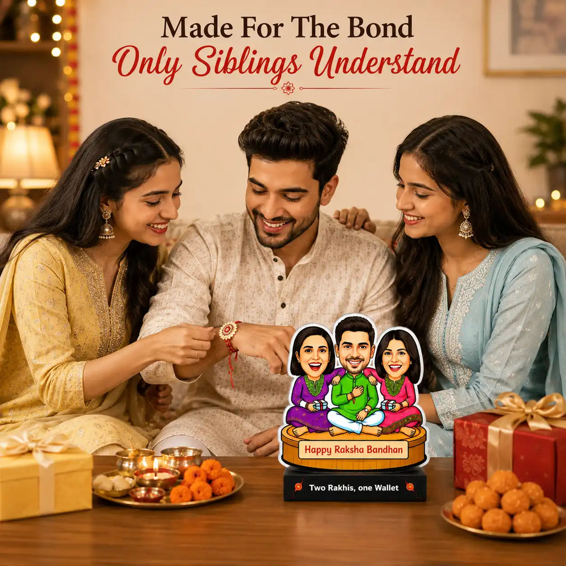 Two Rakhis, One Wallet – Rakhi Gift for Brother from Two Sisters India | Personalized Caricature Standee (7x6")