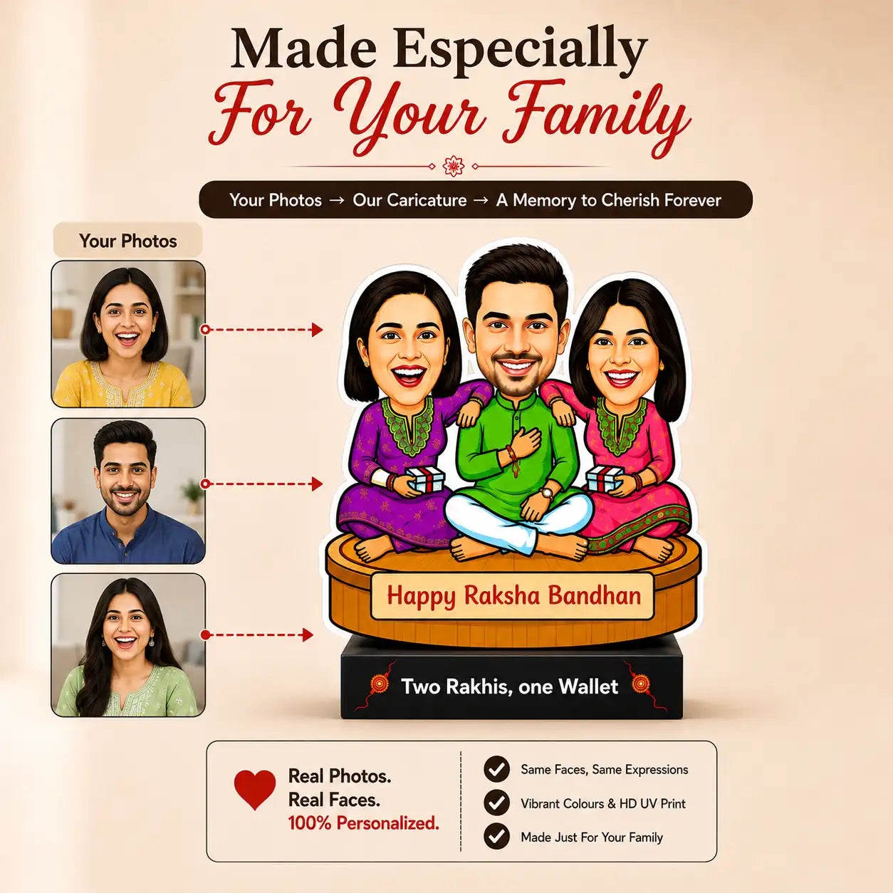 Two Rakhis, One Wallet – Rakhi Gift for Brother from Two Sisters India | Personalized Caricature Standee (7x6")