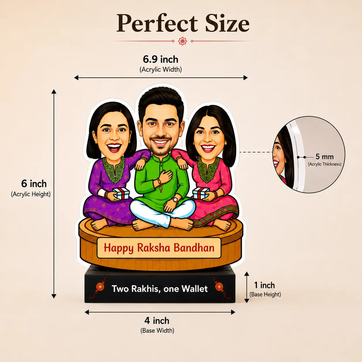 Two Rakhis, One Wallet – Rakhi Gift for Brother from Two Sisters India | Personalized Caricature Standee (7x6")