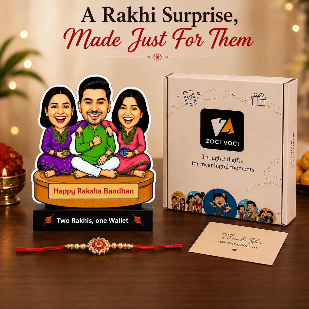 Two Rakhis, One Wallet – Rakhi Gift for Brother from Two Sisters India | Personalized Caricature Standee (7x6")
