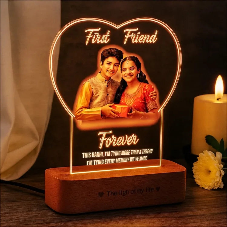 First Friend, Forever – Personalized Gift for Brother Sister | Custom LED Photo Frame for Rakhi
