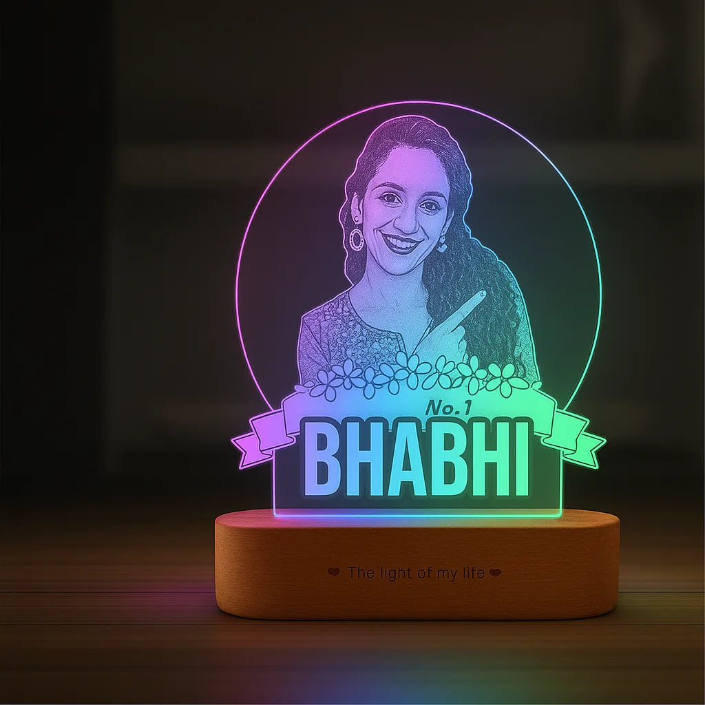 No.1 Bhabhi – Personalized Gift for Bhabhi India | Custom Photo Engraved Acrylic Lamp with Wooden Base (9x6")