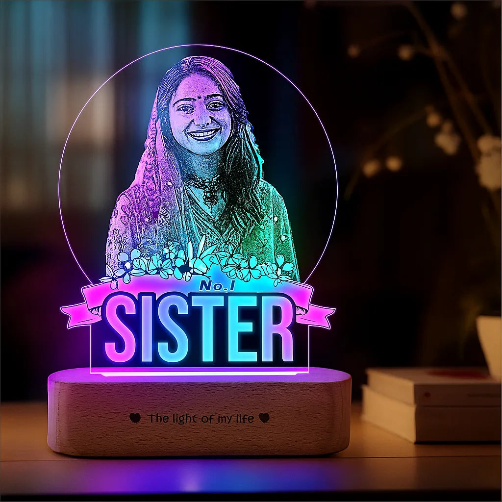 No.1 Sister – Photo Gift for Sister India | Personalized Engraved Acrylic Lamp with Wooden Base (9x6"")
