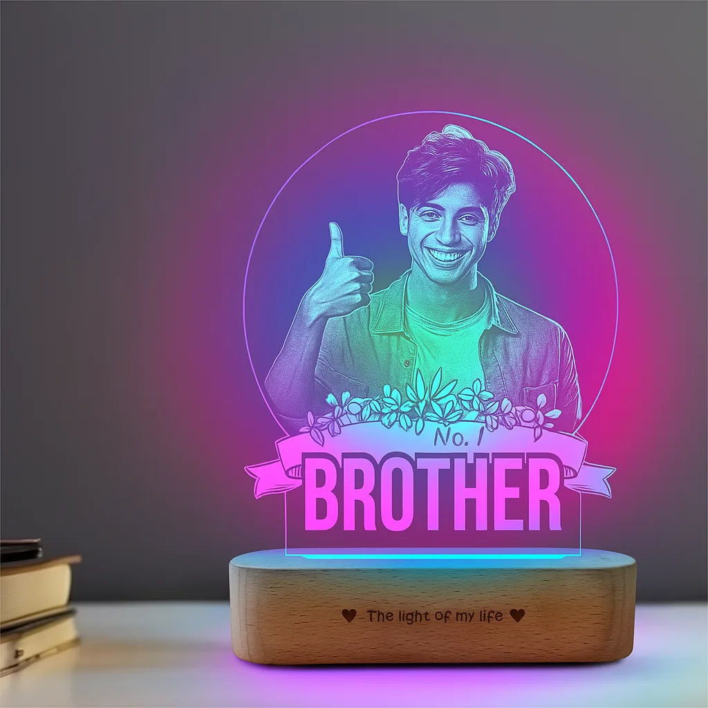 No.1 Brother – Photo Gift for Brother India | Custom Engraved Acrylic Lamp with Wooden Base (9x6")