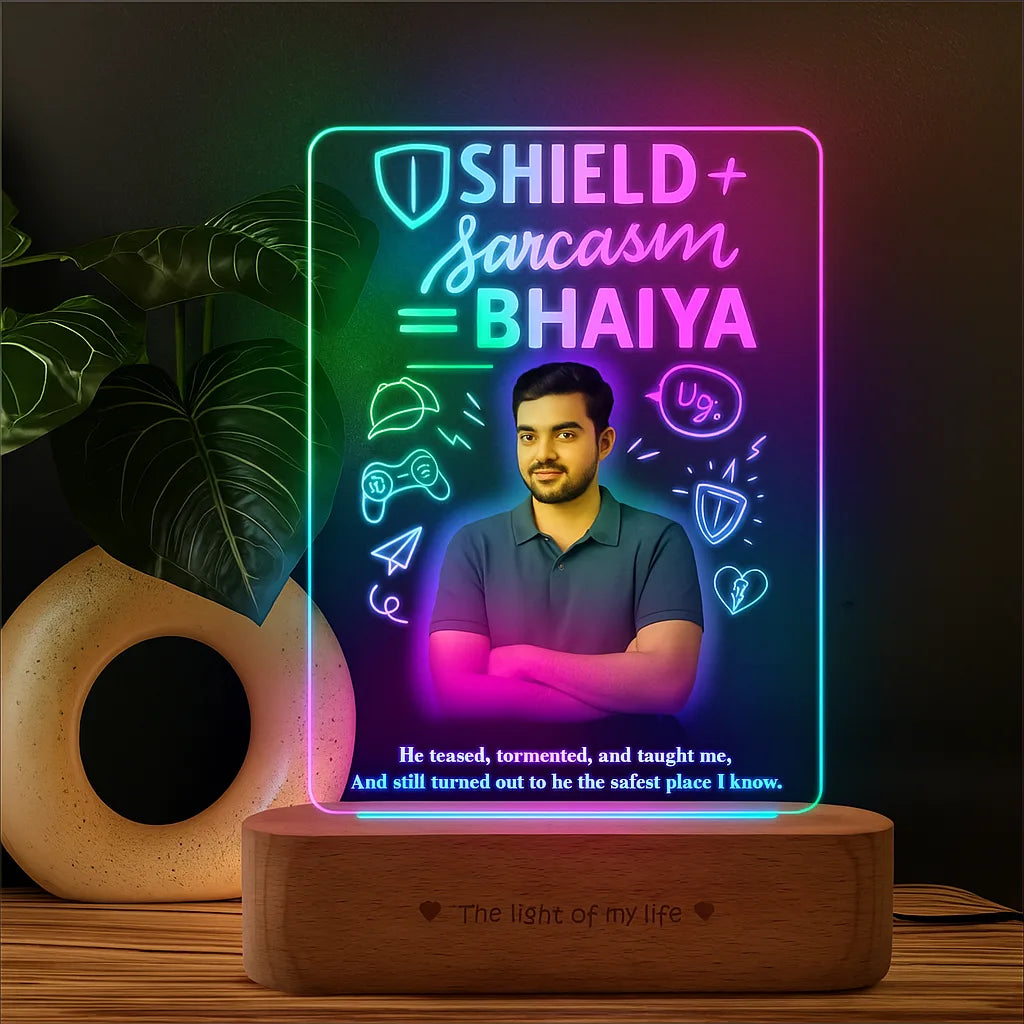 Shield + Sarcasm = Bhaiya - Personalized Rakhi Gift for Elder Brother | Custom LED Acrylic Photo Lamp with Name & Photo