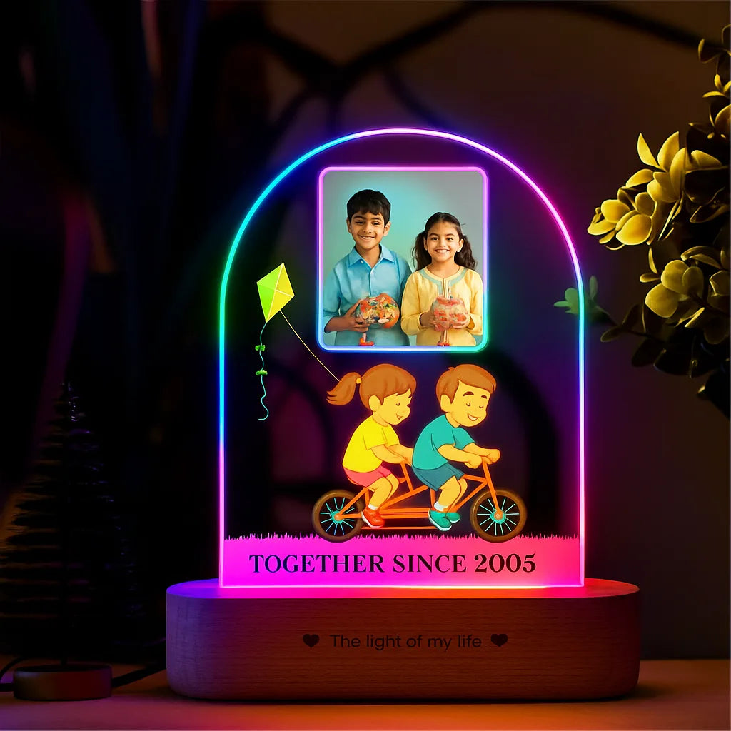Together Since... – Personalized Brother Sister Photo Frame | Custom LED Acrylic Lamp with Name & Photo