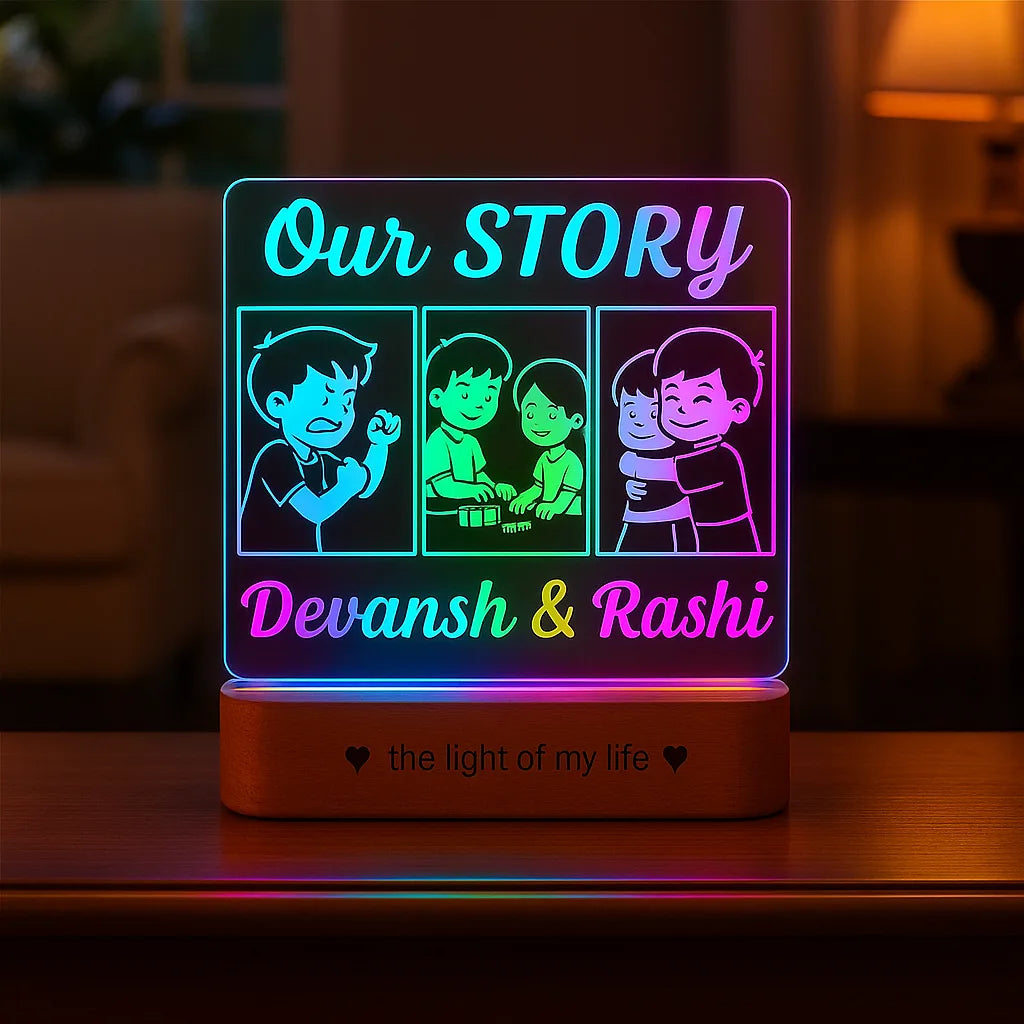 Our Story – Funny Rakhi Gift for Brother India | Personalized Acrylic Lamp with Name & Sibling Comics (8x6")