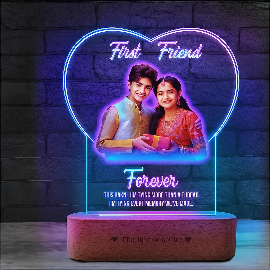 First Friend, Forever – Personalized Gift for Brother Sister | Custom LED Photo Frame for Rakhi
