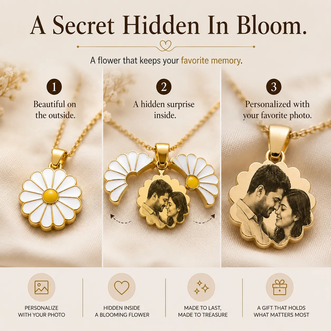 Hidden Bloom -  Personalized Photo Necklace | Custom Daisy Locket Gift for Wife & Girlfriend