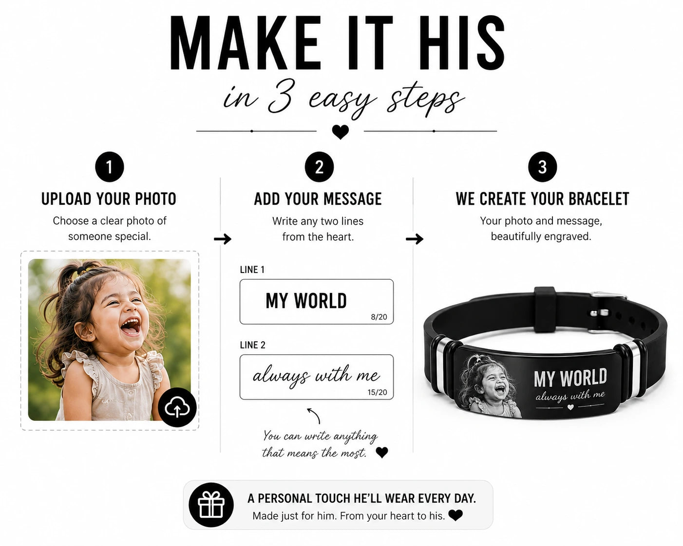 His World Personalized Photo Bracelet for Men | Gift for Husband, Boyfriend or Dad