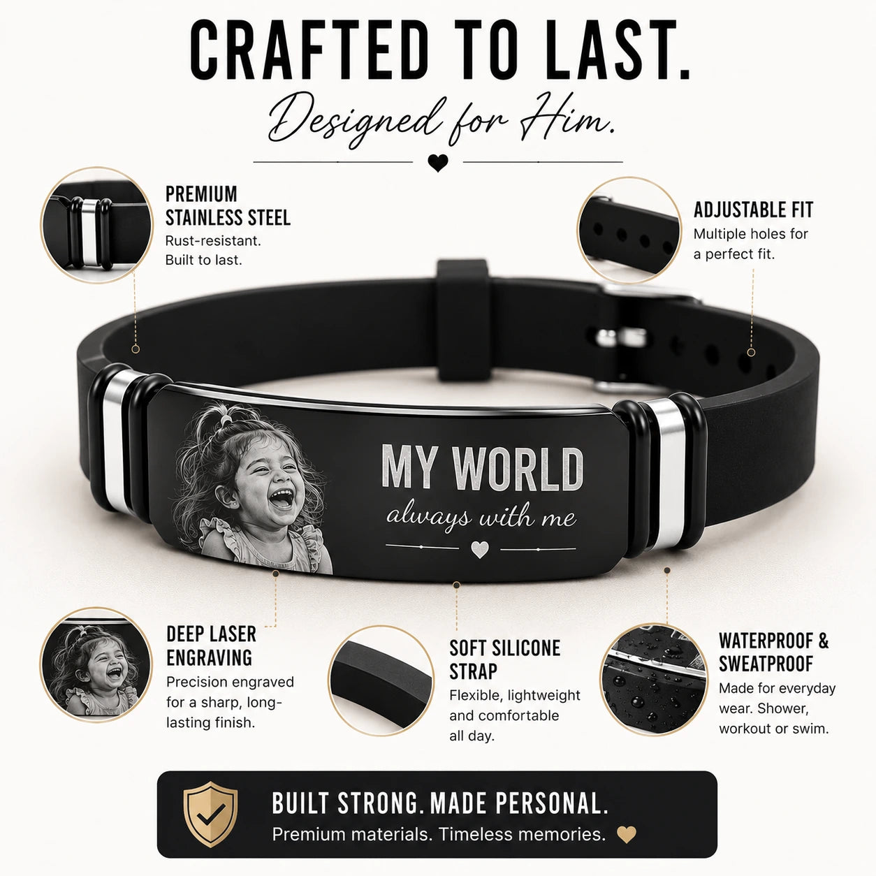 His World Personalized Photo Bracelet for Men | Gift for Husband, Boyfriend or Dad