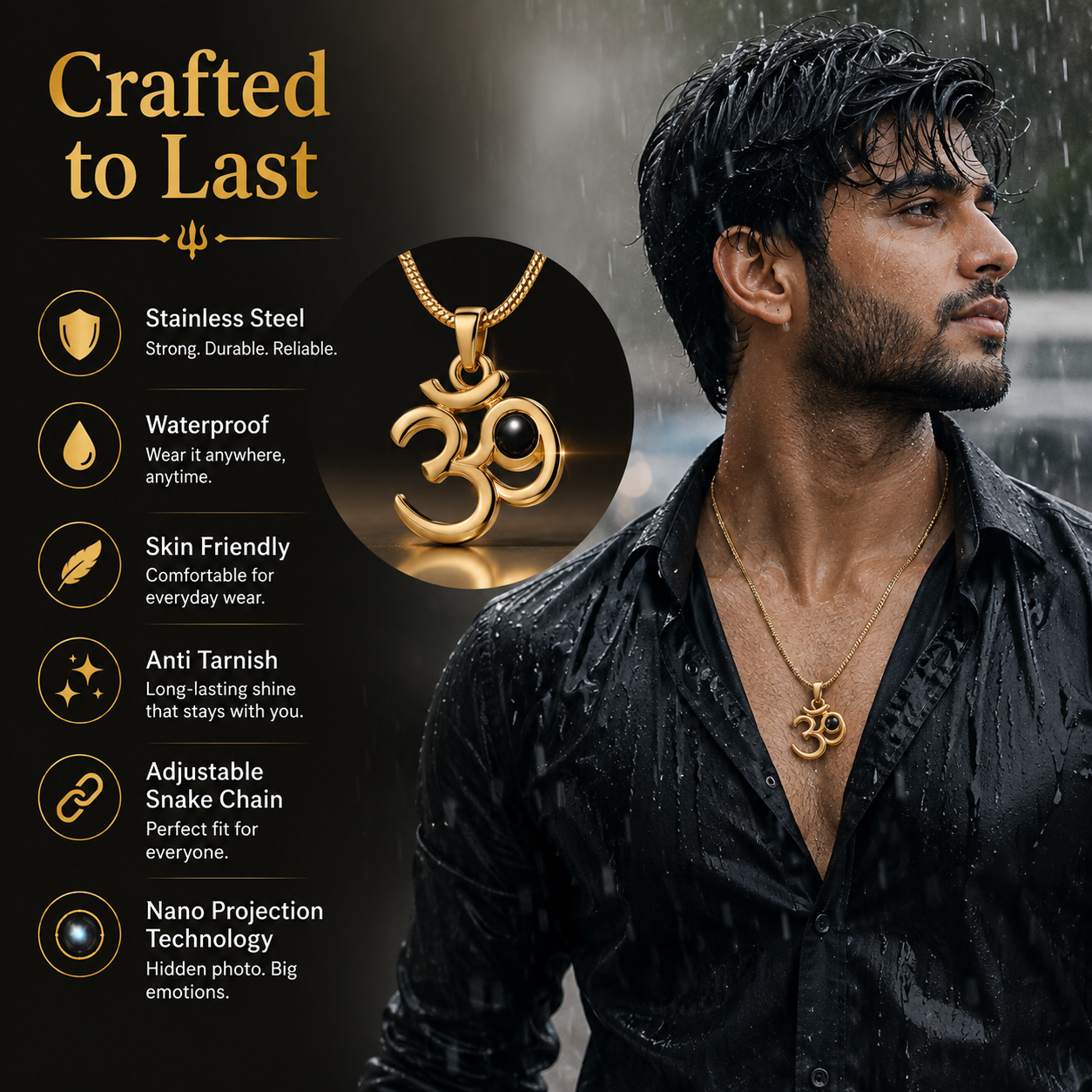 Hidden Mahadev Projection Om Pendant Necklace – Stainless Steel Waterproof Om Necklace for Men & Women | Lord Shiva Pendant with Secret Nano Lens | Spiritual Gift
