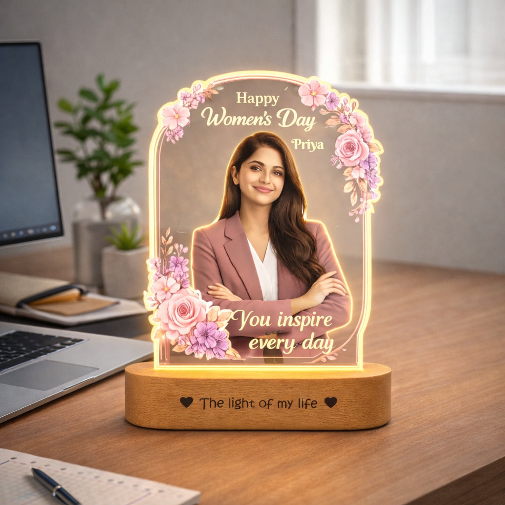 Women’s Day Gift Personalized Photo Lamp for Women – Custom Golden LED Acrylic Lamp Gift for Her, Birthday Gift for Woman