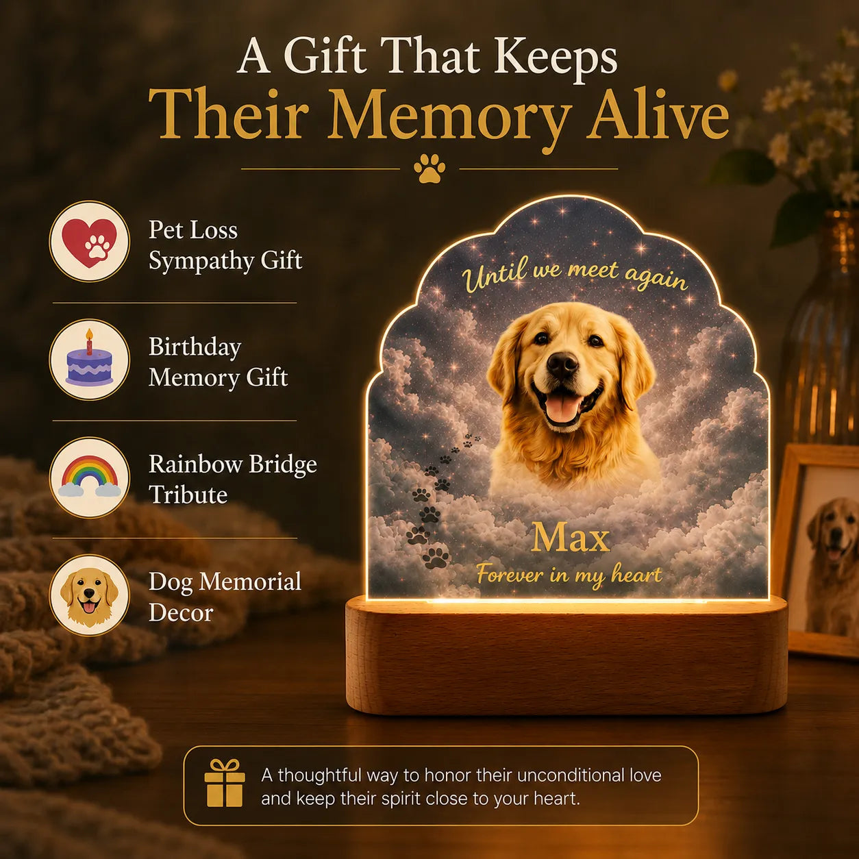 Pet Memorial Gift Lamp, Personalized Dog Memorial Lamp with Photo & Name, Pet Loss Gift, Sympathy Gift for Loss of Dog, Pet Remembrance Keepsake Light