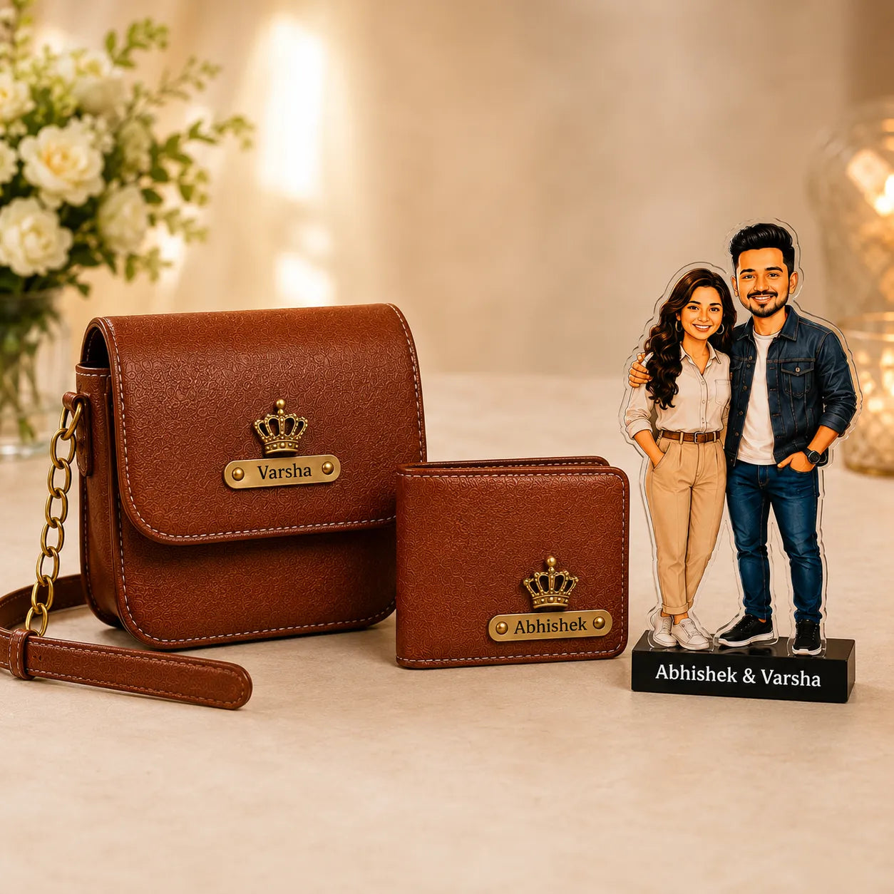 Personalized Couple Gift Set | Wallet, Sling Bag & Custom Caricature
