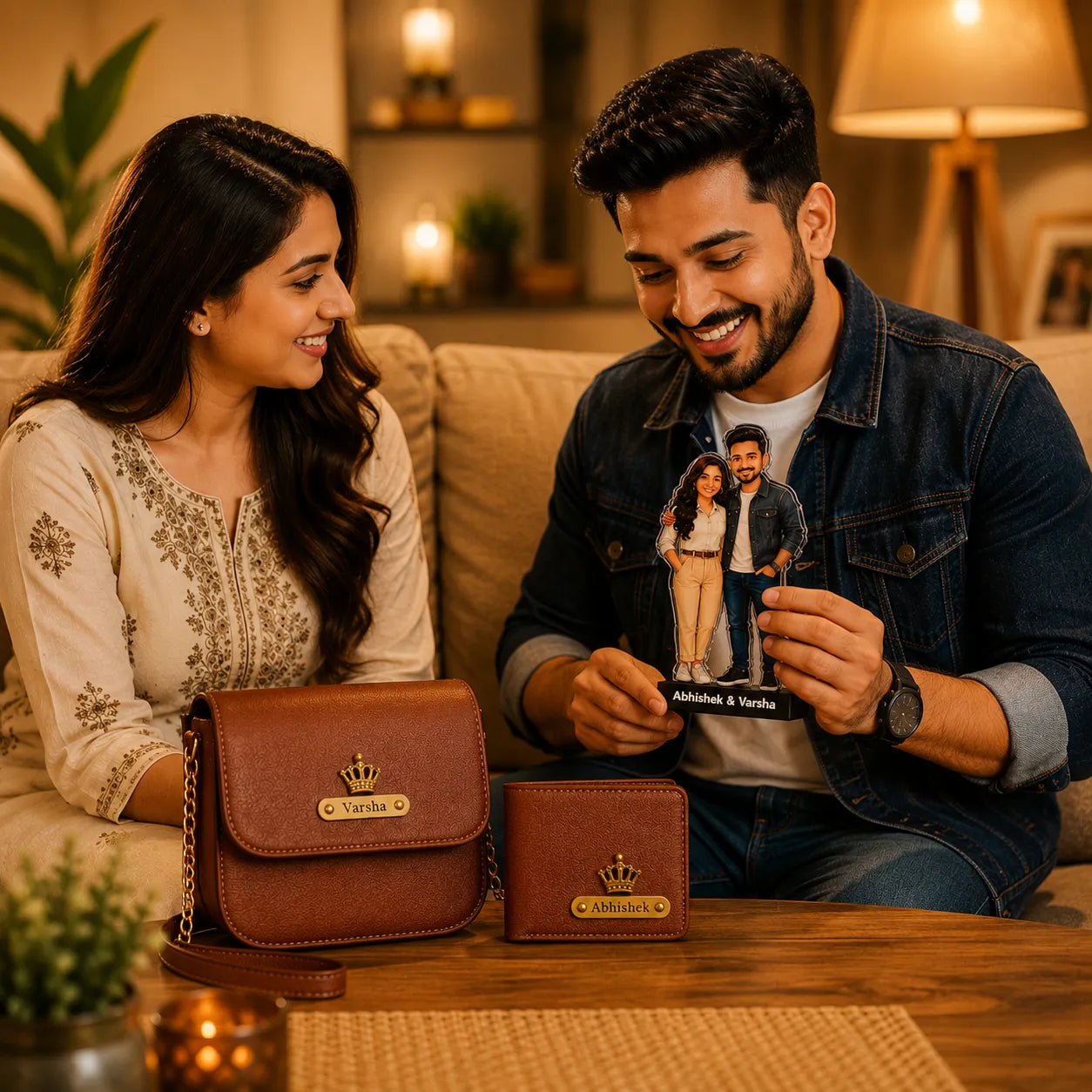 Personalized Couple Gift Set | Wallet, Sling Bag & Custom Caricature