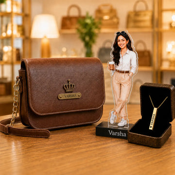 Raksha Bandhan Gift for Sister | Personalized Sling Bag, Necklace & Caricature Gift Set
