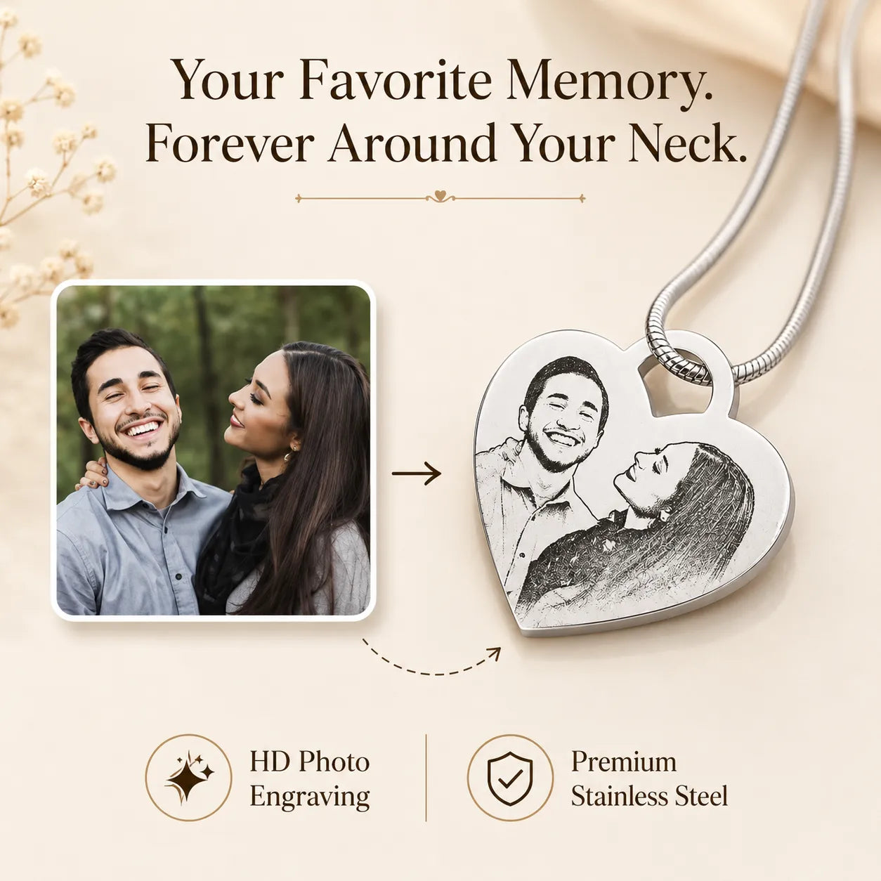 Close To My Heart - Personalized Heart Photo Necklace | Custom Engraved Stainless Steel Pendant -Waterproof | Gift for Girlfriend, Wife, Mom & Loved Ones