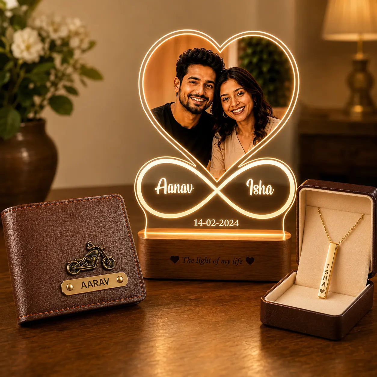 Wedding Gift for Couples | Personalized Wallet, Name Necklace & Infinity Lamp