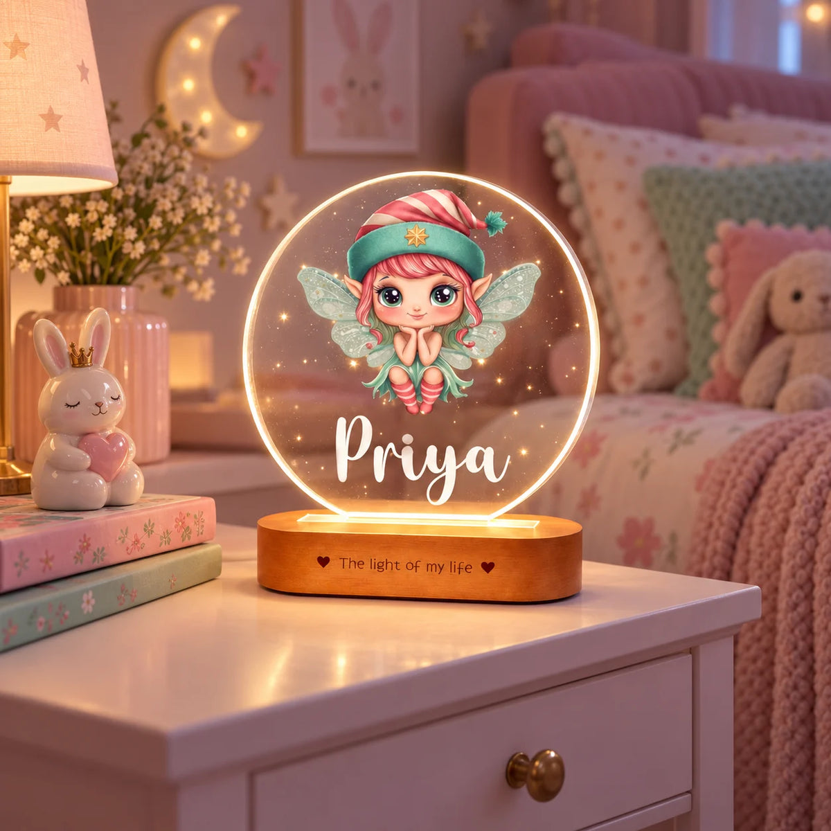 Personalized Name Night Lamp for Kids Girl | Cute Cartoon LED Lamp | Birthday Gift for Girls | Baby Room Decor | 8x6x2 Inch Acrylic Lamp with Wooden Base