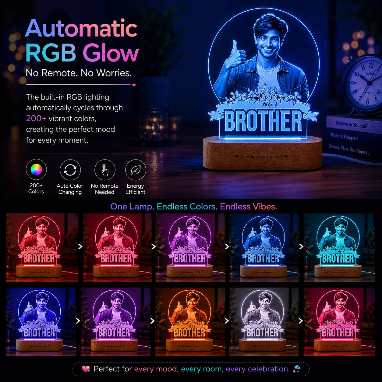 No.1 Brother – Photo Gift for Brother India | Custom Engraved Acrylic Lamp with Wooden Base (9x6")