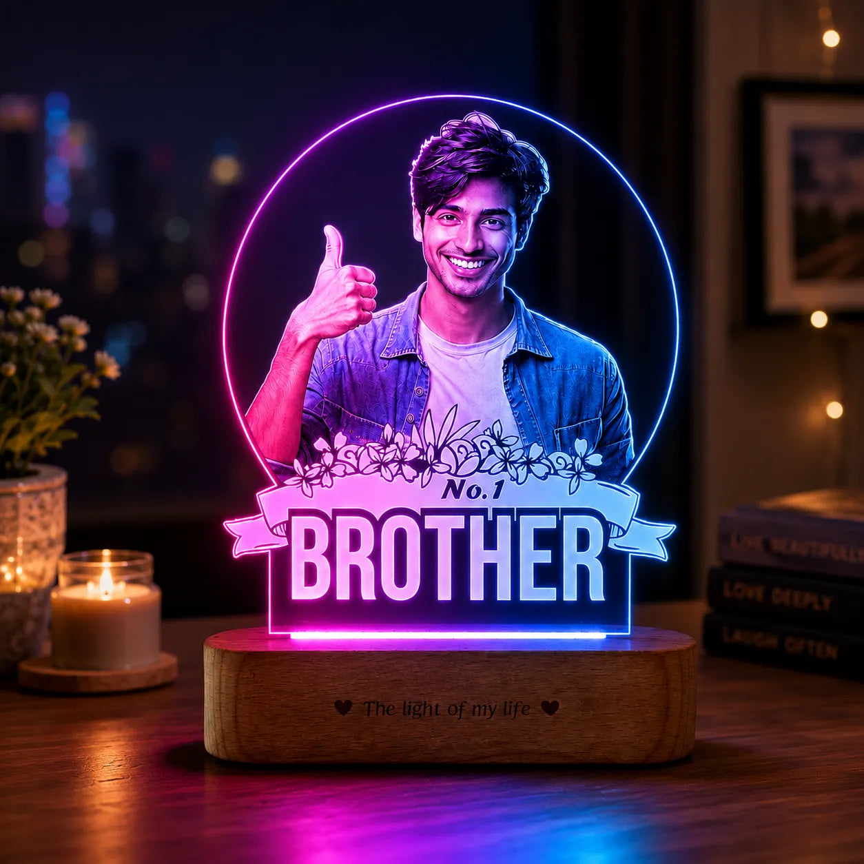 No.1 Brother – Photo Gift for Brother India | Custom Engraved Acrylic Lamp with Wooden Base (9x6")