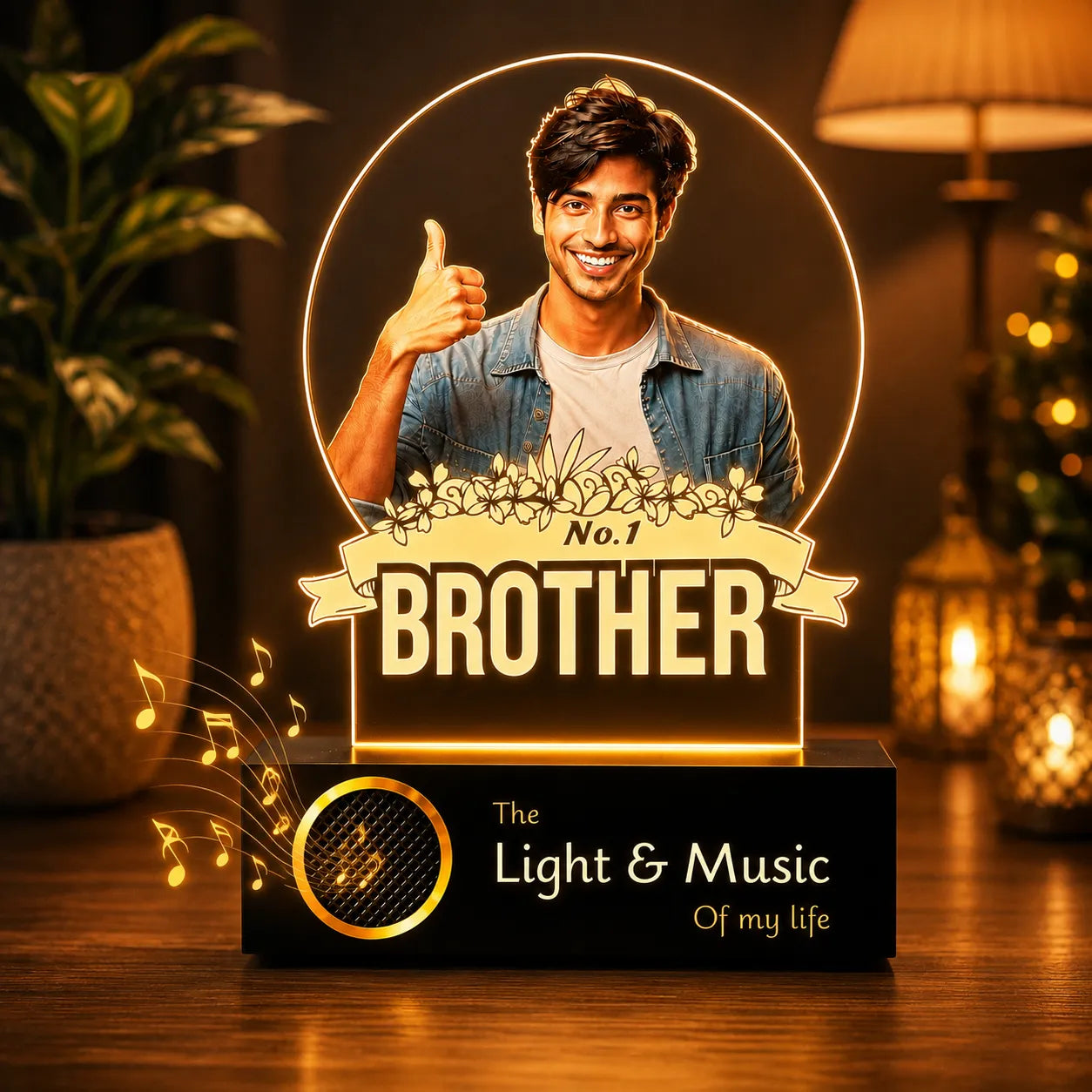 No.1 Brother – Photo Gift for Brother India | Custom Engraved Acrylic Lamp with Wooden Base (9x6")