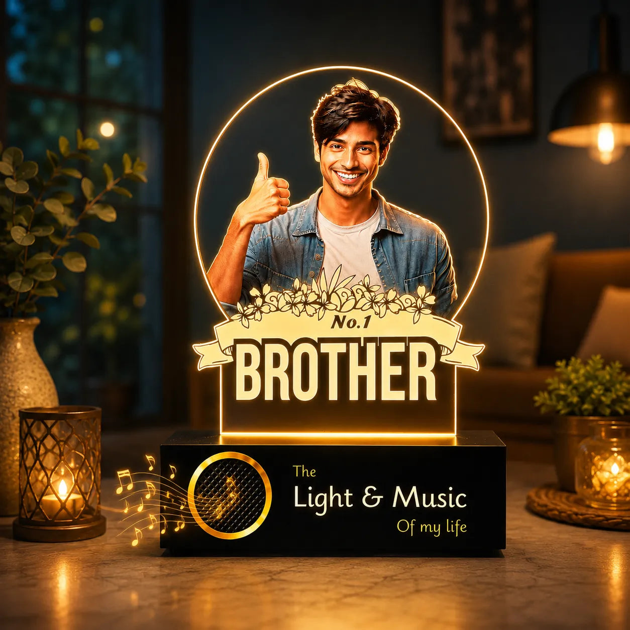 No.1 Brother – Photo Gift for Brother India | Custom Engraved Acrylic Lamp with Wooden Base (9x6")