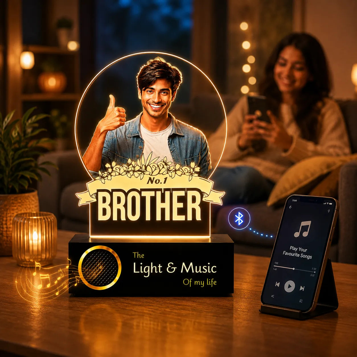 No.1 Brother – Photo Gift for Brother India | Custom Engraved Acrylic Lamp with Wooden Base (9x6")