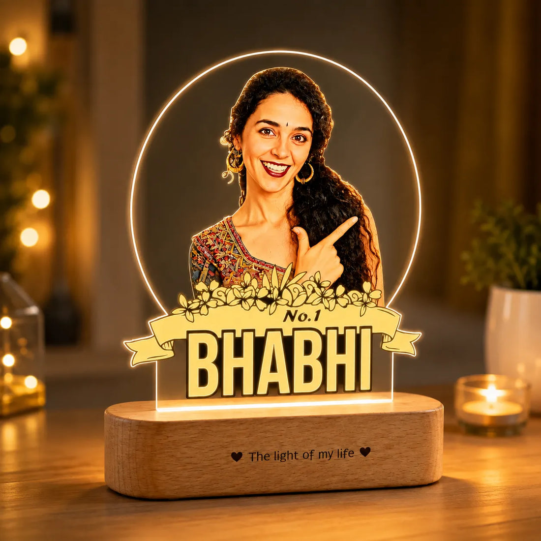 No.1 Bhabhi – Personalized Gift for Bhabhi India | Custom Photo Engraved Acrylic Lamp with Wooden Base (9x6")