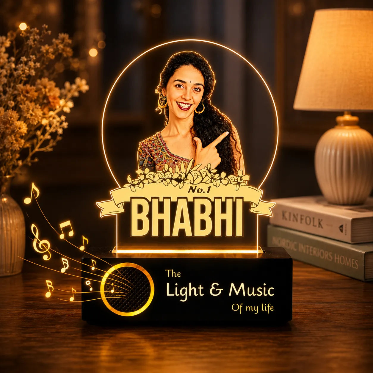 No.1 Bhabhi – Personalized Gift for Bhabhi India | Custom Photo Engraved Acrylic Lamp with Wooden Base (9x6")