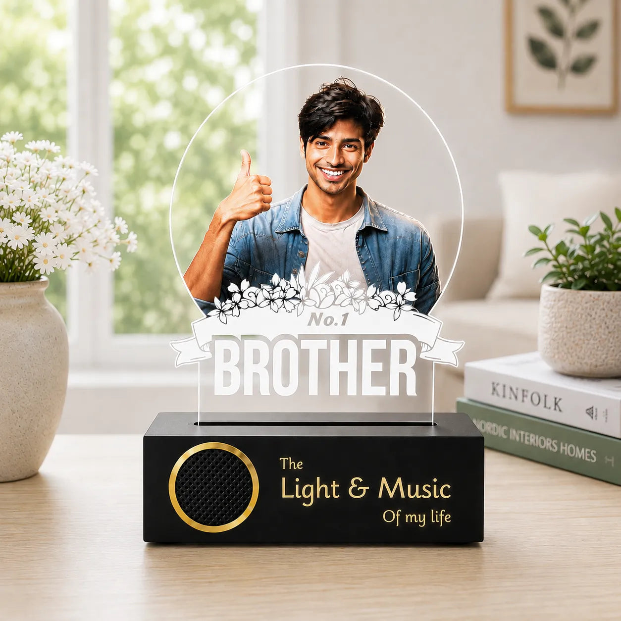 No.1 Brother – Photo Gift for Brother India | Custom Engraved Acrylic Lamp with Wooden Base (9x6")