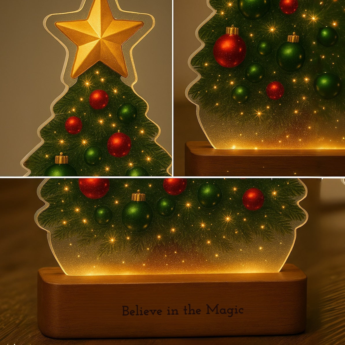 Christmas Tree Lamp – Christmas Decor & Gift | Warm LED Glow | Believe in the Magic Engraved Wooden Base