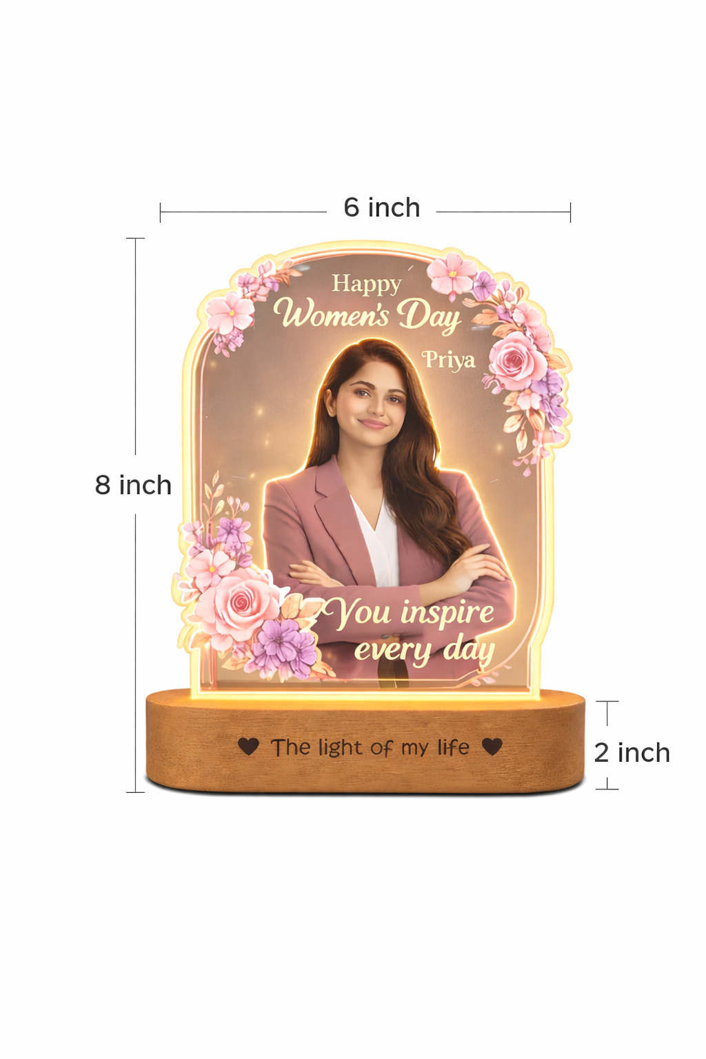Women’s Day Gift Personalized Photo Lamp for Women – Custom Golden LED Acrylic Lamp Gift for Her, Birthday Gift for Woman