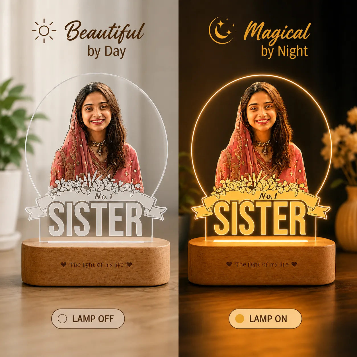 No.1 Sister – Photo Gift for Sister India | Personalized Engraved Acrylic Lamp with Wooden Base (9x6"")