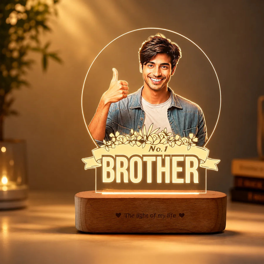 No.1 Brother – Photo Gift for Brother India | Custom Engraved Acrylic Lamp with Wooden Base (9x6")