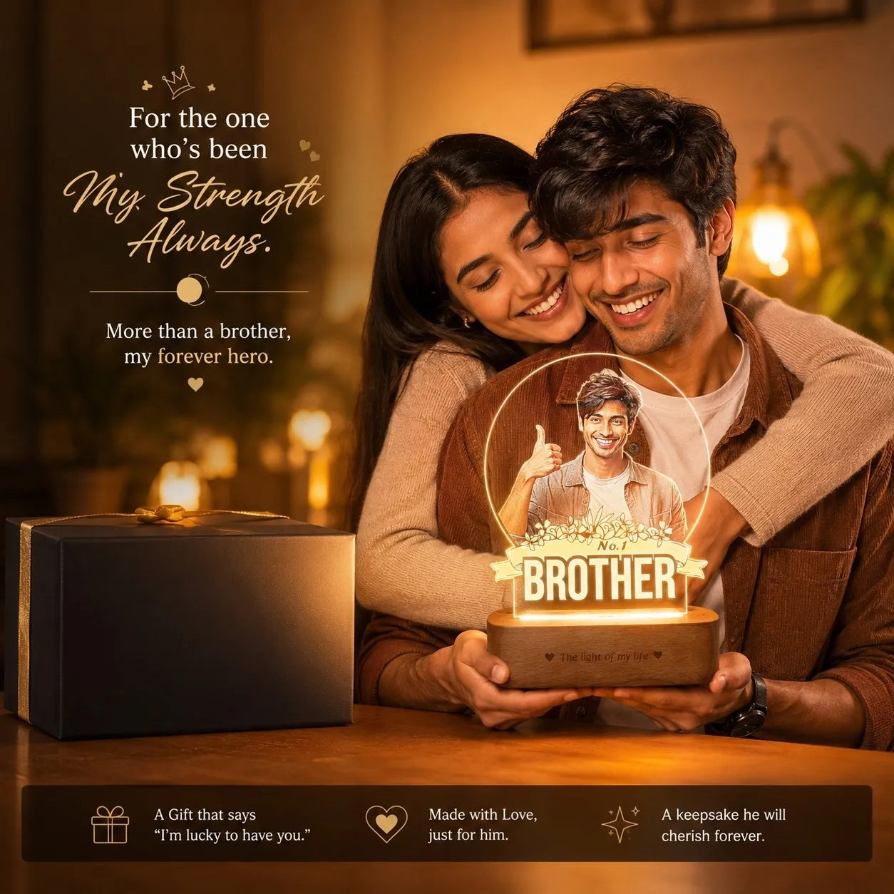 No.1 Brother – Photo Gift for Brother India | Custom Engraved Acrylic Lamp with Wooden Base (9x6")